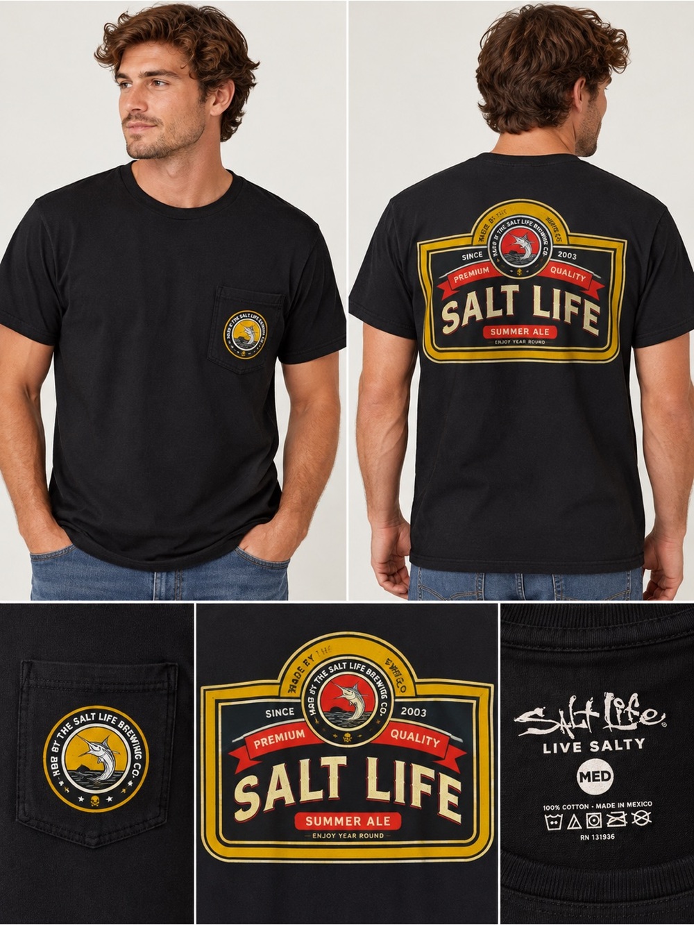 Salt Life Men’s Medium Black Summer Ale Brewing Co Graphic Pocket T-Shirt